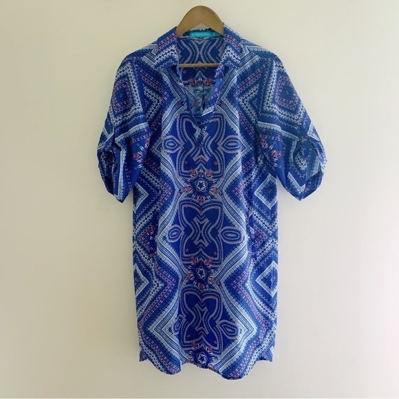 Tori Richard Charlotte Geometric Print Dress Large Blue - Picture 8 of 8
